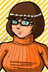 Rule 34 | 1girl, borockman, breasts, brown hair, freckles, glasses, large breasts, ribbed sweater, scooby-doo, solo, sweater, taut clothes, turtleneck, upper body, velma dace dinkley