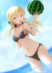 Rule 34 | absurdres, artoria pendragon (all), artoria pendragon (alter swimsuit rider) (fate), artoria pendragon (fate), bad id, bad pixiv id, bikini, black bikini, black ribbon, blonde hair, blue sky, breasts, cloud, cowboy shot, day, fate/grand order, fate/stay night, fate (series), fisheye, food, fruit, groin, hair ribbon, hand on own chest, highres, horizon, inora, lens flare, long hair, looking at viewer, navel, ocean, open mouth, outdoors, partially submerged, ribbon, saber alter, side-tie bikini bottom, sky, small breasts, solo, swimsuit, wading, water, watermelon, yellow eyes