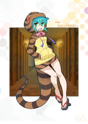 Rule 34 | 10s, 1girl, aqua hair, character name, full body, geta, hands in pockets, highres, hood, hoodie, kemono friends, long sleeves, open mouth, ribbon, short hair, snake tail, solo, striped clothes, striped hoodie, striped tail, tail, tengu-geta, tsuchinoko (kemono friends), umigarasu (kitsune1963)