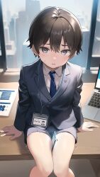 Rule 34 | 1boy, ai-assisted, badge, between thighs, blue necktie, brown hair, cellphone, city, cityscape, cocolo (co co lo), computer, desk, formal, grey eyes, highres, id card, indoors, laptop, looking at viewer, male focus, necktie, on desk, original, phone, short hair, short shorts, shorts, sitting, on desk, smartphone, solo, suit, sweatdrop, thighs, window