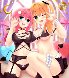 Rule 34 | 2girls, absurdres, backlighting, bat hair ornament, bikini, black bikini, black thighhighs, blue eyes, blush, breast press, breasts, cameltoe, choker, claw pose, cleavage, commentary request, cowboy shot, curtains, curvy, demon tail, detached collar, eyes visible through hair, frilled bikini, frilled cuffs, frills, frown, garter belt, garter straps, ghost hair ornament, green eyes, hair between eyes, hair ornament, hamidashi creative, hand up, heart, heart-shaped pillow, highres, indoors, knee up, large breasts, lens flare, light particles, long hair, looking at viewer, maid, maid bikini, midriff, multiple girls, nanatsu (na na tsu), navel, o-ring, o-ring bikini, o-ring choker, o-ring top, one eye closed, open mouth, orange hair, pillow, red hair, ryuukan ameri, shy, side-by-side, side ponytail, sitting, smile, stomach, swimsuit, symmetrical docking, tail, thighhighs, thighs, tokiwa kano, unconventional maid, underboob, wariza, wrist cuffs