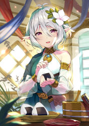 Rule 34 | 1girl, bag, cooking, elf, flower, food, hair flower, hair ornament, handbag, hmk84, holding, holding food, indoors, kokkoro (princess connect!), looking at viewer, onigiri, open mouth, plate, pointy ears, princess connect!, short hair, silver hair, smile, solo, sunlight, table, window