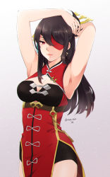 Rule 34 | 1girl, arm behind head, armpits, arms up, bare shoulders, beidou (genshin impact), black shorts, breasts, brown hair, cleavage, closed mouth, commentary, dress, earrings, english commentary, eyepatch, genshin impact, hair ornament, hair over one eye, hair stick, hairpin, highres, jewelry, large breasts, light particles, long hair, nupo bbk, one eye covered, red eyes, shorts, simple background, sleeveless, smile, solo, sparkle, symbol-only commentary, thighhighs, twitter username