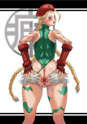 Rule 34 | 1girl, ahoge, anal, anal fingering, anus, ass, beret, blonde hair, blue eyes, blush, braid, cammy white, capcom, censored, clothing aside, female focus, fingering, fingerless gloves, gloves, hand on ass, hat, highres, huge ass, leotard, leotard aside, looking back, motion blur, muscular, pussy, pussy juice, saliva, shibire hitsuji, simple background, spread ass, street fighter, sweat, tears, thong, thong leotard, tongue, tongue out, twin braids