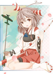 Rule 34 | 10s, 1girl, :d, arrow (projectile), bow (weapon), brown eyes, brown hair, highres, holding, japanese clothes, kantai collection, looking at viewer, muneate, onasuba, open mouth, petals, ponytail, sitting, smile, solo, weapon, zuihou (kancolle)