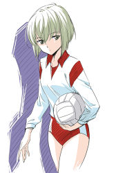 Rule 34 | 1girl, agahari, ball, buruma, character request, green eyes, green hair, holding, holding ball, matching hair/eyes, prism court, short hair, simple background, solo, sportswear, volleyball (object), volleyball uniform, white background
