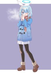 Rule 34 | 1girl, arona (blue archive), black pantyhose, blue archive, blue coat, blue eyes, blue hair, blue halo, blush, boots, braid, brown footwear, coat, commentary, efu (ehutan), fringe trim, full body, hair over one eye, halo, highres, long sleeves, looking at viewer, multicolored hair, open mouth, pantyhose, pink hair, red scarf, scarf, short hair, single braid, solo