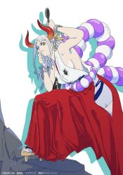 Rule 34 | 1girl, bare arms, bare shoulders, breasts, club, club (weapon), cuffs, curled horns, detached sleeves, earrings, hair ornament, hair stick, highres, horns, japanese clothes, jewelry, kanabou, kimono, kojima takashi, large breasts, long hair, looking at viewer, multicolored hair, multicolored horns, non-web source, one eye closed, one piece, oni, orange horns, red horns, rope, shackles, shimenawa, sideboob, simple background, sleeveless, sleeveless kimono, solo, spiked club, weapon, white background, white hair, yamato (one piece), yellow eyes, yellow horns