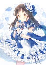 Rule 34 | 1girl, bad id, bad pixiv id, blue bow, blue hat, blue ribbon, bow, brown eyes, brown hair, collarbone, commentary request, dress, flower, food, fruit, hands up, hat, hat flower, idolmaster, idolmaster cinderella girls, long hair, looking at viewer, mini hat, parted lips, pf, ribbon, sleeveless, sleeveless dress, solo, strawberry, striped, tachibana arisu, vertical stripes, white background, white dress, white flower, wrist cuffs