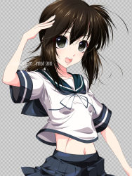 Rule 34 | 1girl, artist name, black eyes, black hair, blue sailor collar, blue skirt, checkered background, commentary request, cowboy shot, fubuki (kancolle), grey background, inaba shiki, kantai collection, looking at viewer, low ponytail, navel, pleated skirt, ponytail, sailor collar, salute, school uniform, serafuku, short ponytail, sidelocks, skirt, smile, solo, upper body