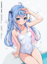 Rule 34 | 1girl, ahoge, arm support, arm up, bare arms, bare shoulders, black bow, blue hair, blush, bow, breasts, closed mouth, feet out of frame, grey background, hair between eyes, hair bow, highres, kagura nana, multicolored hair, nanakagu karatou ch, old school swimsuit, one-piece swimsuit, pink hair, pool, poolside, school swimsuit, sitting, small breasts, solo, sosai salada, swimsuit, two-tone hair, two side up, virtual youtuber, water, wet, white one-piece swimsuit