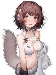 Rule 34 | 1girl, absurdres, animal ears, arknights, bikini, bikini top only, blush, braid, breasts, brown eyes, brown hair, cleavage, collarbone, commentary request, highres, jacket, looking at viewer, medium breasts, multicolored hair, navel, open mouth, otter ears, otter girl, otter tail, roberta (arknights), roberta (summer flowers) (arknights), short hair, shorts, simple background, solo, streaked hair, swimsuit, tab head, tail, white background, white bikini, white hair, white jacket, white shorts