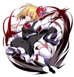 Rule 34 | 1girl, ascot, bad id, bad twitter id, black skirt, black vest, blonde hair, brown footwear, closed mouth, full body, hair ribbon, highres, kamenozoki momomo, long sleeves, looking at viewer, medium hair, outstretched arms, pointy ears, red ascot, red eyes, red ribbon, ribbon, rumia, shirt, simple background, skirt, smile, solo, spread arms, standing, standing on one leg, thighhighs, touhou, vest, white background, white shirt, white thighhighs
