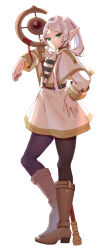 Rule 34 | boots, brown footwear, capelet, dangle earrings, drop earrings, earrings, elf, frieren, green eyes, highres, holding, holding staff, jewelry, looking at viewer, mage staff, momdy (talesshinja), parted bangs, pointy ears, simple background, sousou no frieren, staff, standing, white background, white capelet, white hair