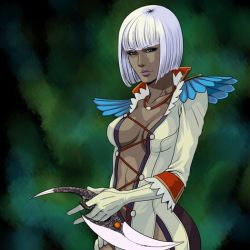 Rule 34 | 00s, 1girl, blue eyes, blunt bangs, breasts, capcom, cleavage, dark-skinned female, dark skin, devil may cry, devil may cry (series), devil may cry 4, gloria (devil may cry), jewelry, lipstick, makeup, necklace, ryouko (ddism), solo, standing, trish (devil may cry), white hair