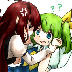 Rule 34 | 2girls, :d, ?, ??, anger vein, black eyes, blue eyes, confused, daiyousei, eye contact, female focus, green hair, head wings, holding another&#039;s wrist, koakuma, long hair, looking at another, multiple girls, open mouth, red hair, shaded face, short hair, side ponytail, sideways mouth, siroooo, smile, touhou, wings