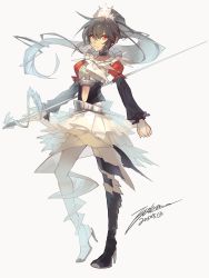 Rule 34 | 1girl, absurdres, black hair, bridal gauntlets, choker, dated, e volution, hair ornament, high heels, highres, long hair, looking at viewer, midriff, original, ponytail, red eyes, signature, solo, staff