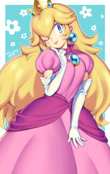 Rule 34 | 1girl, blonde hair, blue background, blue eyes, brooch, crown, dated, dress, earrings, elbow gloves, finger to cheek, floral background, gloves, highres, iroyopon, jewelry, long hair, looking at viewer, mario (series), nintendo, one eye closed, pink dress, princess peach, signature, smile, solo, super mario bros. 1, two-tone background, white background, white gloves