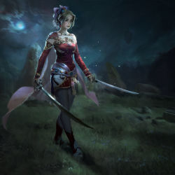 Rule 34 | 1girl, absurdres, armor, asymmetrical armor, boots, cape, circlet, detached sleeves, dress, dual wielding, earrings, english text, final fantasy, final fantasy vi, full body, gold trim, grass, green hair, highres, holding, holding sword, holding weapon, jewelry, katana, long hair, moon, mushk rizvi, necklace, night, night sky, outdoors, pantyhose, pauldrons, ponytail, realistic, red dress, red footwear, shoulder armor, single pauldron, sky, solo, strapless, strapless dress, sword, tina branford, walking, weapon