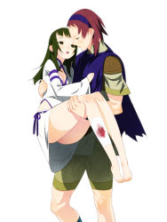 Rule 34 | 1boy, 1girl, ass, bad id, bad pixiv id, bandages, barefoot, blood, blush, breasts, cleavage, couple, feet, green eyes, green hair, hetero, long hair, mono (shadow of the colossus), poncho, red hair, shadow of the colossus, short hair, small breasts, surcoat, tensugi takashi, wander (shadow of the colossus)