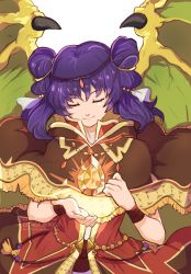 Rule 34 | 1girl, bead necklace, beads, bracelet, brown capelet, brown coat, capelet, circlet, closed eyes, closed mouth, coat, crystal, dragon girl, dragon wings, dragonstone, female focus, fire emblem, fire emblem: the sacred stones, fire emblem heroes, fringe trim, gem, glowing, gold trim, green wings, hair ornament, hair tie, hands up, highres, hood, jewelry, long hair, multi-tied hair, multicolored clothes, multicolored coat, myrrh (fire emblem), necklace, nintendo, official alternate costume, pale skin, purple hair, red coat, red eyes, sierra117renner, smile, solo, stone, twintails, upper body, veil, watermark, white background, wings, wristband, yellow wings