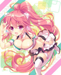 Rule 34 | 1girl, ahoge, bemani, blush, breasts, cleavage, floor anthem, headphones, hinata momo, large breasts, long hair, looking at viewer, miniskirt, navel, open mouth, pink eyes, pink hair, ponytail, rasis, skirt, smile, solo, sound voltex, sound voltex ii infinite infection, thighhighs, very long hair