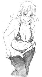 Rule 34 | 1girl, artist request, bikini, breasts, cleavage, curvy, denim, female focus, highres, jeans, large breasts, long hair, monochrome, nami (one piece), one piece, pants, sweat, swimsuit