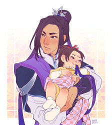 Rule 34 | 2boys, artist name, asymmetrical bangs, baby, bindi, black hair, border, bracer, braid, brown eyes, chinese clothes, flat color, floral background, frown, glaring, gradient background, hair bun, hair ornament, hair ribbon, hanfu, holding baby, jiang cheng, jin ling, layered sleeves, long hair, long sleeves, male focus, modao zushi, mouth hold, multiple boys, purple hanfu, purple ribbon, purple tunic, red ribbon, ribbon, ribbon in mouth, shirt, short over long sleeves, short sleeves, side braid, single hair bun, smile, socks, tunic, uncle and nephew, upper body, white border, xiao guan (headdress), yellow shirt, yutaan