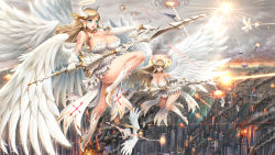 Rule 34 | 6+girls, angel wings, ass, blonde hair, blue eyes, breasts, circlet, city, earrings, elbow gloves, gloves, high heels, highres, holding, holding weapon, jewelry, large breasts, long hair, multiple girls, open mouth, original, pointy ears, weapon, white gloves, wings, youbou