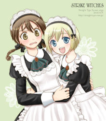 Rule 34 | 2girls, alternate costume, apron, ariga nao, blonde hair, blue eyes, blush, bow, brown eyes, brown hair, enmaided, erica hartmann, gertrud barkhorn, hair bow, hug, maid, maid apron, maid headdress, multiple girls, open mouth, smile, strike witches, twintails, world witches series