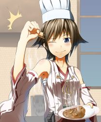 Rule 34 | 10s, 1girl, ;), bad food, bare shoulders, brown hair, chef hat, clenched hand, curry, detached sleeves, fist pump, food, hair ornament, hairclip, hat, hiei (kancolle), highres, iroia, japanese clothes, kantai collection, one eye closed, personification, raised fist, ribbon-trimmed sleeves, ribbon trim, sarashi, short hair, skull, smile, solo, when you see it, wink