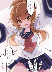 Rule 34 | 1girl, absurdres, aged up, bad id, bad nicoseiga id, black sailor collar, black skirt, brown eyes, brown hair, commentary request, folded ponytail, heart, highres, inazuma (kancolle), kantai collection, long sleeves, necktie, open mouth, pleated skirt, red necktie, sailor collar, sakakiba misogi, school uniform, serafuku, short hair, skirt, smile, solo, speech bubble, translation request