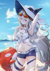 Rule 34 | 1girl, absurdres, ahoge, arknights, arm behind head, armpits, bare shoulders, beach, black choker, blue shorts, breasts, chinese commentary, choker, cleavage, closed mouth, commentary, cowboy shot, eyewear on head, hat, highres, kaguyamaou, light smile, long hair, looking at viewer, low-tied long hair, medium breasts, midriff, navel, off-shoulder shirt, off shoulder, official alternate costume, outdoors, red eyes, sample watermark, shirt, short shorts, shorts, silver hair, simple background, skadi (arknights), skadi (waverider) (arknights), solo, standing, stomach, stuffed animal, stuffed orca, stuffed toy, sun hat, sunglasses, swimsuit, thigh strap, thighs, very long hair, watermark, white hat, white shirt