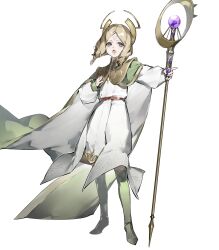 Rule 34 | 1girl, aged down, aqua eyes, blonde hair, boots, brand of the exalt, cape, drill hair, drill sidelocks, emmeryn (child) (fire emblem), emmeryn (fire emblem), facial mark, fire emblem, fire emblem awakening, fire emblem heroes, forehead mark, furrowed brow, green cape, green footwear, highres, holding, holding staff, medium hair, multicolored cape, multicolored clothes, nintendo, non-web source, open mouth, robe, sidelocks, solo, staff, tagme, thigh boots, tiara, white cape, white robe