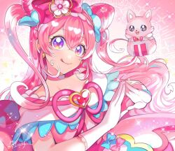 Rule 34 | 1girl, :q, bow, brooch, choker, commentary, cone hair bun, cure precious, delicious party precure, earrings, gloves, hair bow, hair bun, heart, heart brooch, huge bow, jewelry, kome-kome (precure), long hair, magical girl, matsurika youko, nagomi yui, pink bow, pink choker, pink hair, precure, purple eyes, smile, solo, tongue, tongue out, two side up, very long hair, white gloves