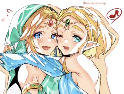 Rule 34 | 1boy, 1girl, ;d, aqua eyes, backless outfit, blonde hair, blue eyes, blush, bracelet, breast press, breasts, circlet, commentary, detached sleeves, embarrassed, eyelashes, gerudo set (zelda), hug, image sample, jewelry, link, looking at viewer, medium breasts, musical note, nintendo, one eye closed, open mouth, parted bangs, pointy ears, princess zelda, short hair, shuri (84k), simple background, smile, spoken musical note, sweatdrop, the legend of zelda, the legend of zelda: breath of the wild, the legend of zelda: tears of the kingdom, thick eyebrows, twitter sample, upper body, veil, white background