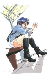 Rule 34 | 1girl, antenna hair, backpack, bag, between fingers, black footwear, blue hair, boots, full body, high heel boots, high heels, highres, holding, knee boots, light smile, long sleeves, looking at viewer, on bench, original, short hair, short shorts, shorts, sitting, solo, thighhighs, umetsu yukinori, watch, white thighhighs, wristwatch