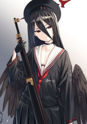 Rule 34 | 1girl, beret, black choker, black hair, black hat, black skirt, black wings, blue archive, choker, closed mouth, collarbone, feathered wings, hasumi (blue archive), hat, highres, long hair, long sleeves, neckerchief, pleated skirt, red eyes, red neckerchief, sailor collar, shimotsuki eight, signature, skirt, solo, white sailor collar, wings