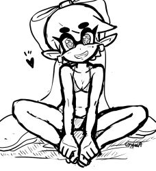 Rule 34 | + +, 1girl, bikini, blush, breasts, callie (splatoon), cleavage, collarbone, domino mask, earrings, fangs, female focus, full body, greyscale, head tilt, heart, jewelry, long hair, looking at viewer, mask, medium breasts, monochrome, navel, nintendo, pointy ears, signature, simple background, sitting, sketch, smile, solo, splatoon (series), spread legs, swimsuit, teeth, tentacle hair, tentacles, text focus, twintails, usa (dai9c carnival), white background