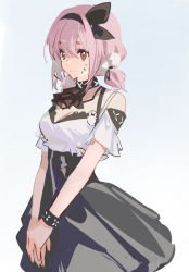 Rule 34 | 1girl, alternate costume, arknights, armlet, ascot, black ascot, black dress, black hairband, black ribbon, bracelet, breasts, brown eyes, cleavage, closed mouth, collar, cowboy shot, crop top, dress, facial mark, hair ribbon, hairband, highres, infection monitor (arknights), jewelry, medium breasts, pink hair, pudding (arknights), ribbon, shirt, short hair, short sleeves, solo, v arms, whisker markings, white shirt, zheshe jing