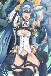 Rule 34 | 1girl, angel wings, arm up, blue hair, breasts, cheering, cleavage, dizzy (guilty gear), guilty gear, hair ribbon, headband, highres, large breasts, legs, long hair, navel, open mouth, red eyes, ribbon, smile, solo, thighs, thong, very long hair, wings