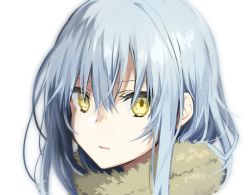 Rule 34 | 1other, androgynous, blue hair, commentary request, fur, fur collar, fur trim, hair between eyes, long hair, looking at viewer, mikoto kei, open mouth, rimuru tempest, simple background, solo, tensei shitara slime datta ken, very long hair, white background, yellow eyes