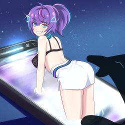 Rule 34 | 1girl, absurdres, ahoge, all fours, aqua eyes, aqua hair, arched back, bad id, bad twitter id, bare shoulders, baxv07, black bra, blue eyes, bra, breasts, cellphone, commentary, dolphin shorts, english commentary, from behind, grin, hair ornament, highres, indie virtual youtuber, long hair, looking at viewer, looking back, medium breasts, melody (projektmelody), mini person, minigirl, multicolored hair, phone, ponytail, pov, purple hair, raised eyebrow, shorts, shoulder blades, sky, smartphone, smile, solo, star (sky), star (symbol), starry sky, through medium, through screen, triangle hair ornament, two-tone hair, underwear, virtual youtuber, vshojo, white shorts