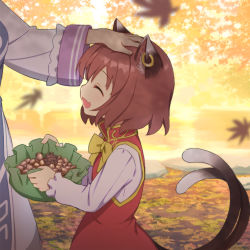 Rule 34 | 2girls, :d, ^ ^, acorn, animal ears, autumn, autumn leaves, bow, bowtie, brown hair, cat ears, cat girl, cat tail, chen, china dress, chinese clothes, closed eyes, commentary request, day, dress, earrings, falling leaves, fang, hand on another&#039;s head, hat, head pat, headpat, holding, jewelry, kaito (k4itoh), leaf, long sleeves, motion blur, multiple girls, multiple tails, nekomata, open mouth, out of frame, outdoors, pinecone, red dress, shirt, short hair, smile, solo focus, tabard, tail, touhou, two tails, unworn hat, unworn headwear, upper body, white shirt, yakumo ran, yellow bow, yellow neckwear