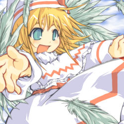 Rule 34 | 1girl, :d, blonde hair, blue shame, capelet, cloud, cloudy sky, dress, feathers, female focus, green eyes, green feathers, hat, lily white, long sleeves, open mouth, outstretched arm, paji, short hair, sky, smile, solo, touhou, white dress, white hat