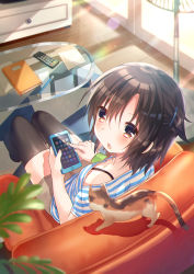 Rule 34 | 1girl, animal, armchair, bare shoulders, black thighhighs, blurry, blurry background, blush, brown eyes, brown hair, brown shorts, cat, cellphone, chair, chestnut mouth, commentary, controller, craytm, depth of field, electric fan, english commentary, fingernails, glass table, hair between eyes, highres, holding, holding phone, looking at viewer, looking up, on chair, original, parted lips, pen, phone, playing games, remote control, revision, shirt, short hair, short shorts, shorts, sitting, solo, striped clothes, striped shirt, sunlight, table, thighhighs, wooden floor