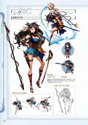 Rule 34 | 10s, 1girl, bare shoulders, belt, black hair, breasts, chibi, cleavage, concept art, dagger, dress, earrings, feathers, full body, granblue fantasy, hands on own hips, headband, high heels, highres, holding, holding sword, holding weapon, jewelry, knife, large breasts, leaf, lineart, long hair, minaba hideo, multiple views, non-web source, official art, polearm, purple eyes, scan, shoes, short dress, sig (granblue fantasy), smile, spear, standing, sword, toeless footwear, transparent background, trident, water, weapon