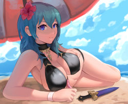 Rule 34 | 1girl, beach, beach umbrella, blue sky, breasts, byleth (female) (fire emblem), byleth (fire emblem), closed mouth, cloud, dagger, day, fire emblem, fire emblem: three houses, fire emblem heroes, flower, hair flower, hair ornament, highres, knife, large breasts, lying, nintendo, on side, outdoors, sheath, sheathed, sky, solo, spiffydc, umbrella, water, weapon
