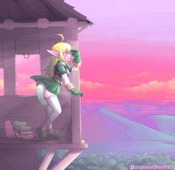 Rule 34 | 1girl, blonde hair, carotte666, diaper, elf, gloves, green gloves, green tunic, highres, long hair, looking away, pointy ears, shoes, standing, tunic, watchtower, wet diaper