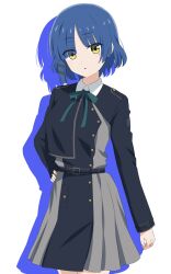 Rule 34 | 1girl, :o, belt, blue belt, blue dress, blue hair, bocchi the rock!, collared shirt, commentary request, cosplay, dars (recolors), dress, green ribbon, grey dress, hair ornament, hairclip, hand on own hip, highres, inoue takina, inoue takina (cosplay), long sleeves, looking at viewer, lycoris recoil, lycoris uniform, mole, mole under eye, neck ribbon, parted lips, pleated dress, ribbon, shirt, short hair, solo, two-tone dress, white background, white shirt, yamada ryo, yellow eyes